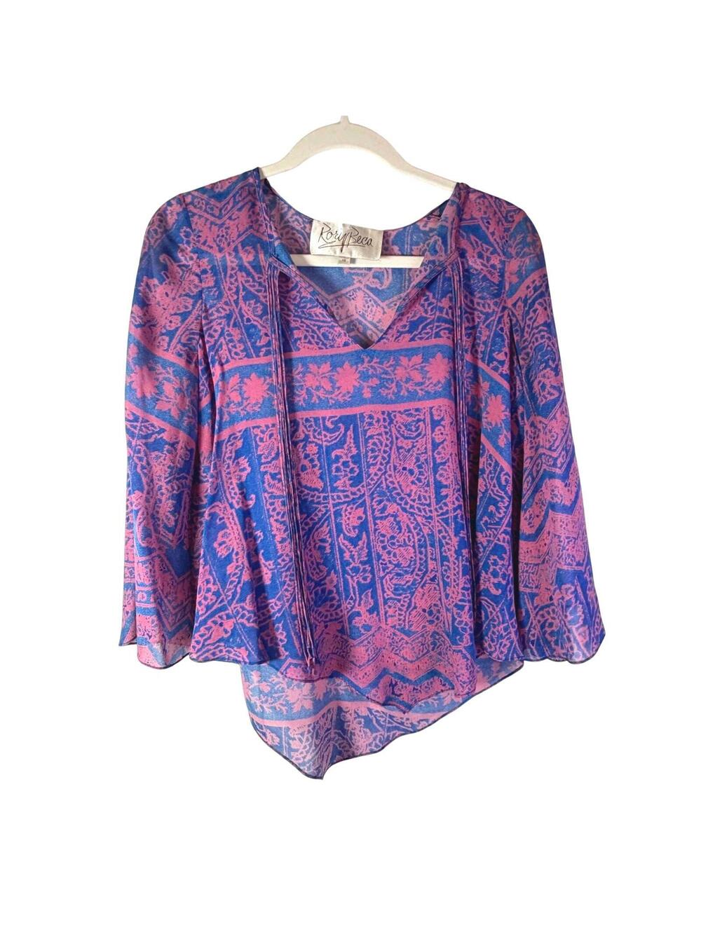 Rory Beca Silk Boho Peasant Blouse Handkerchief Hem Tassel Cover Up XS